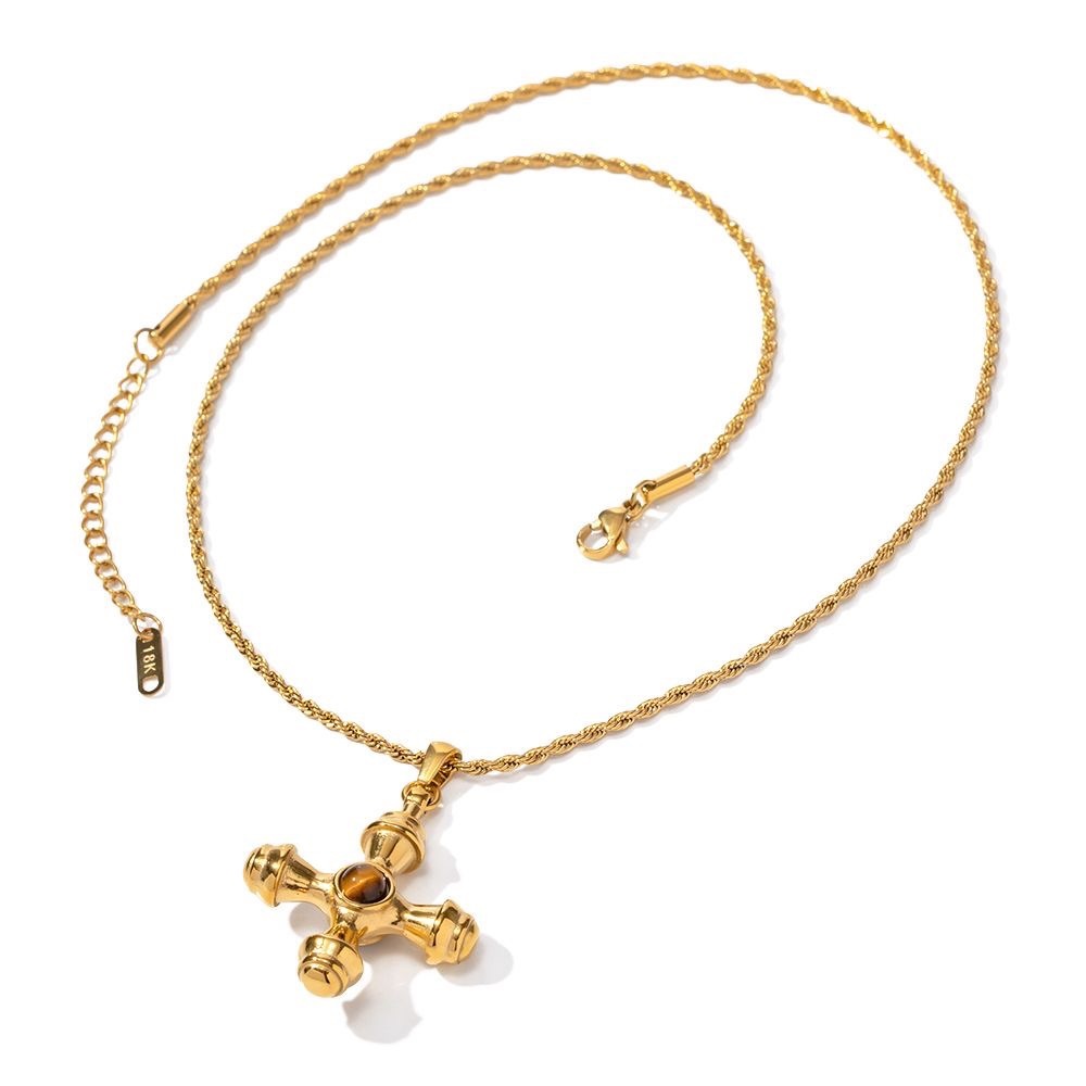 New 18 k gold plated cross brown natural stone, gold color.